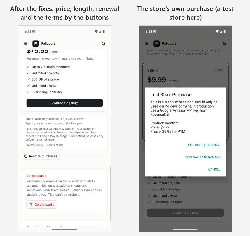 After the fixes: the store's own purchase, with the price, length, renewal and terms by the buttons (a test store here)