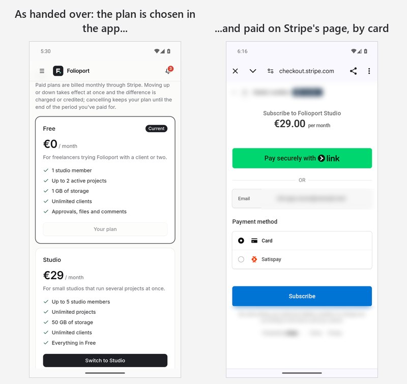 As handed over: a plan chosen in the Android app is paid by card on Stripe's page, which the stores refuse for a plan