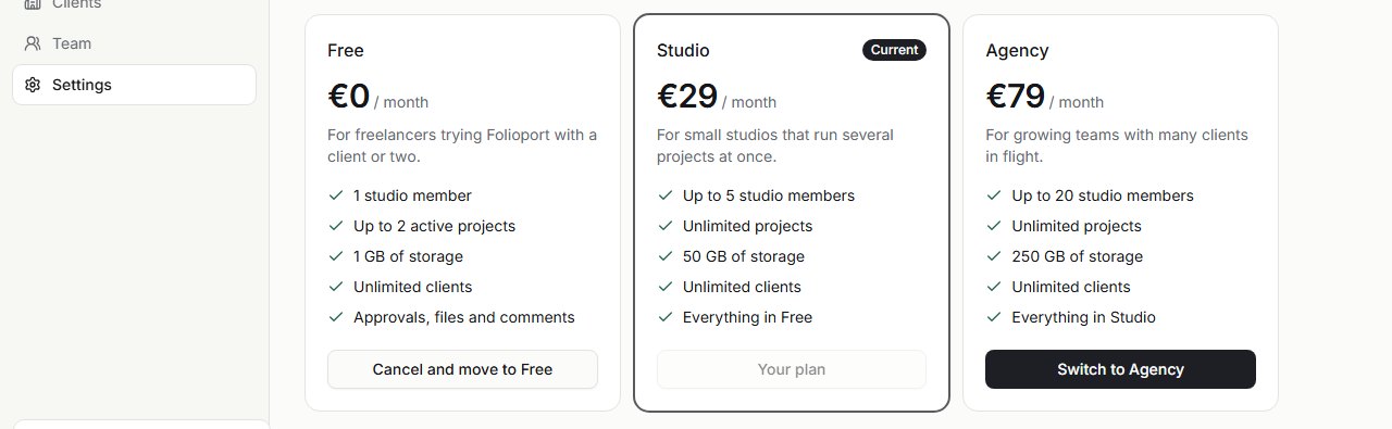 The website's plans, paid through Stripe: Free, Studio at €29 and Agency at €79 a month, and the way to cancel