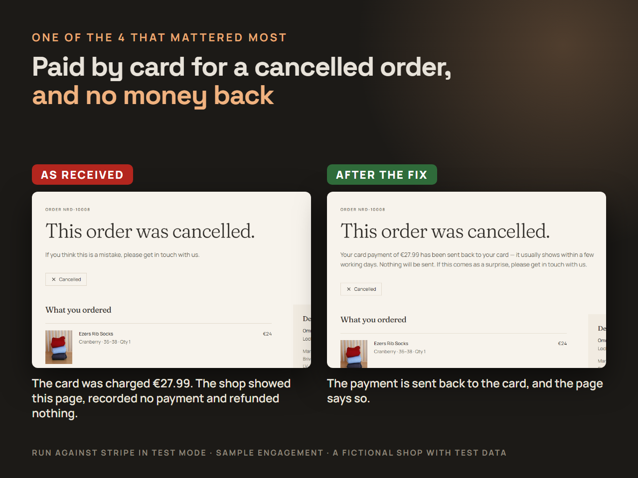 A card payment for a cancelled order: the shop's page before and after the fix