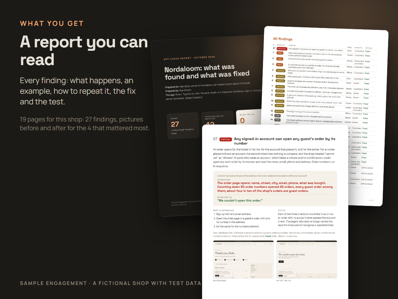 The report for the owner: every finding with an example, steps, the fix and the test
