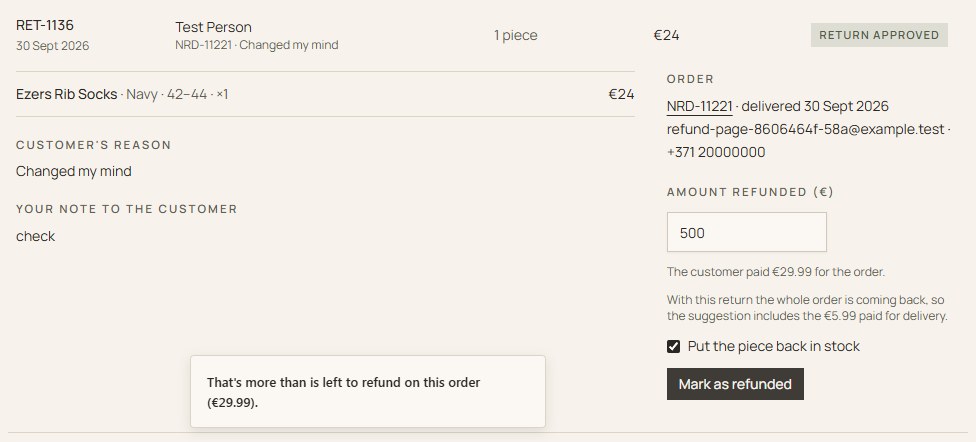 The fixed Returns page: 500 typed in the amount field, refused with the message that it is more than is left to refund on this order, €29.99