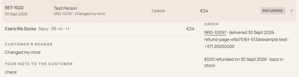 The Returns page as received: a return of one €24 piece, and the order panel says €500 refunded